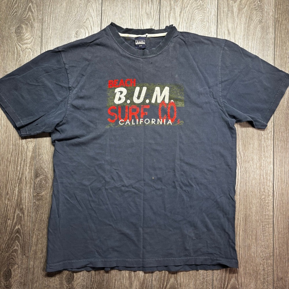 Vintage B.U.M. Equipment Beach Surf Co California T-Shirt Navy Blue Mens Medium
